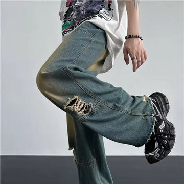 Aidase Men's Hip Hop Ripped Hole Jeans Korean Handsome Casual Pants High Street Straight Loose Wide Leg Jeans Vintage Blue Baggy Jeans aidase-shop